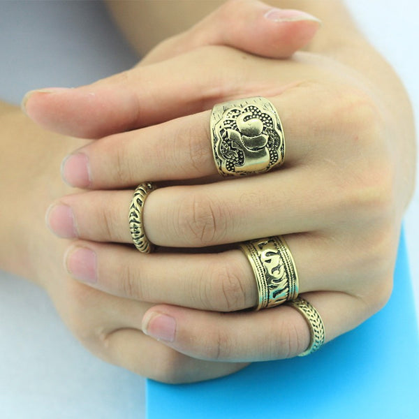 Carved Antique Silver Elephant Totem Leaf Turkish Rings for Women Boho