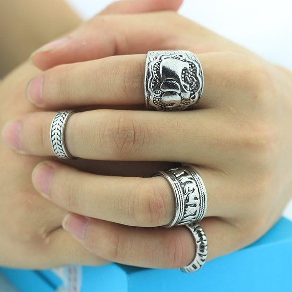 Carved Antique Silver Elephant Totem Leaf Turkish Rings for Women Boho