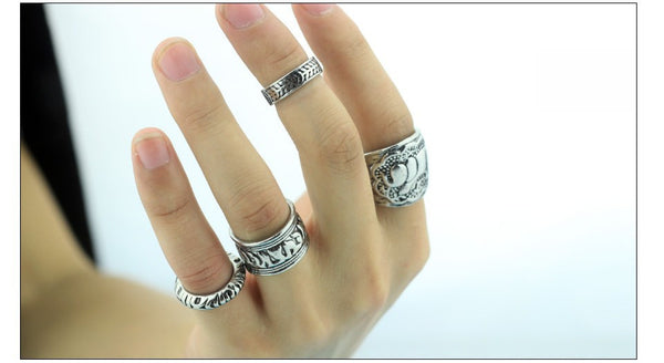 Carved Antique Silver Elephant Totem Leaf Turkish Rings for Women Boho