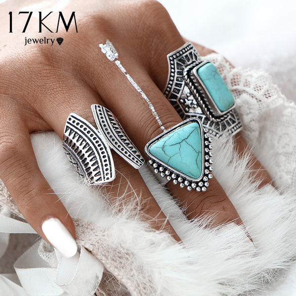 3pcs/Set  Boho Vintage Punk Silver Color Stone Midi Finger