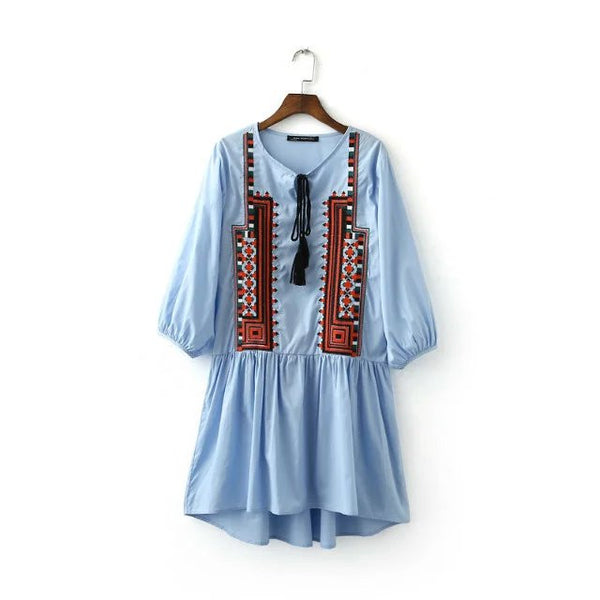 Boho Style Embroidery Mini Dresses  V-Neck Three Quarter Sleeve Fit