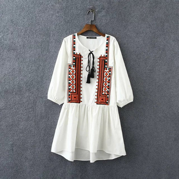 Boho Style Embroidery Mini Dresses  V-Neck Three Quarter Sleeve Fit